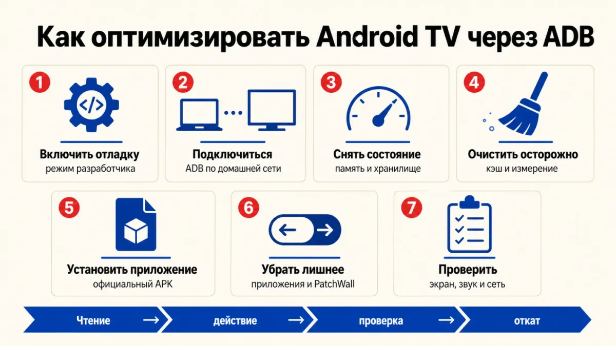 Последовательность безопасной оптимизации Android TV от диагностики до проверки после перезагрузки