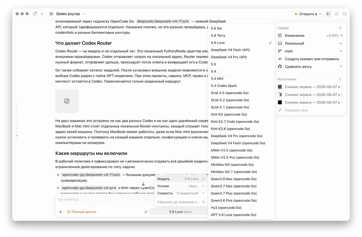 Каталог моделей Codex с маршрутами OpenAI, DeepSeek, Kimi, GLM, Qwen и других поставщиков