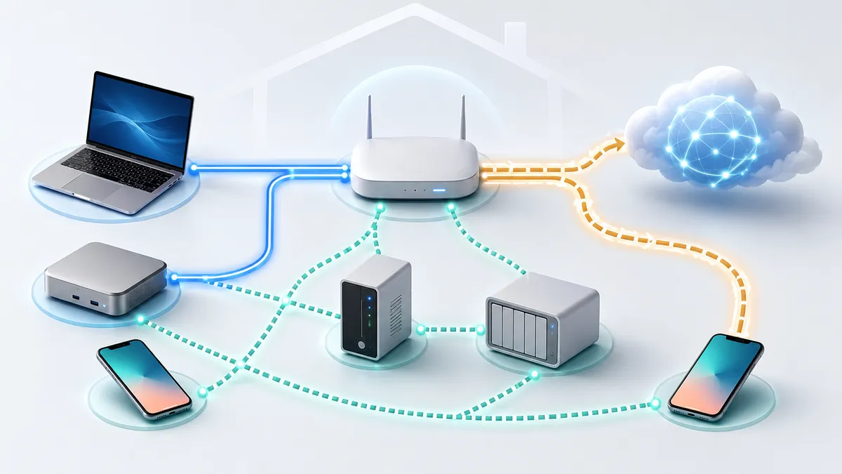 Схема домашней сети Codex-станции с MacBook, Mac mini, NAS, роутером, iPhone и внешним облачным маршрутом