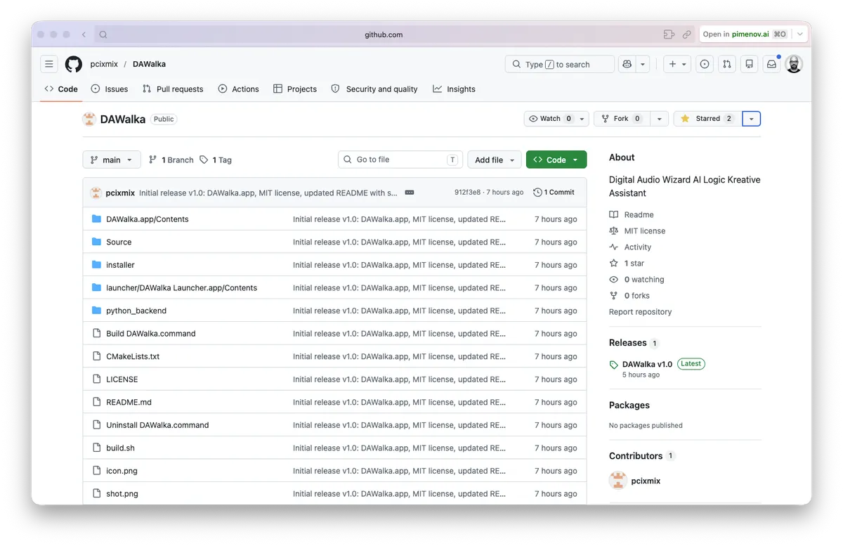 Открытый GitHub-репозиторий pcixmix/DAWalka с исходным кодом, README и MIT License