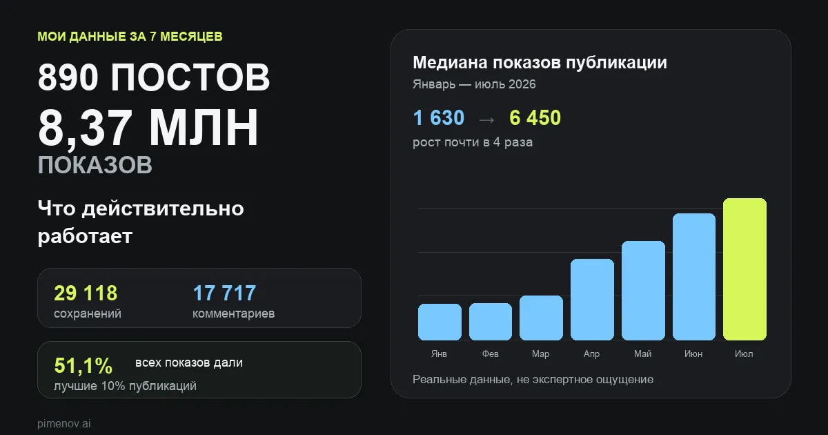 Ключевые результаты анализа 890 публикаций: охват, рост медианы и вклад лучших постов