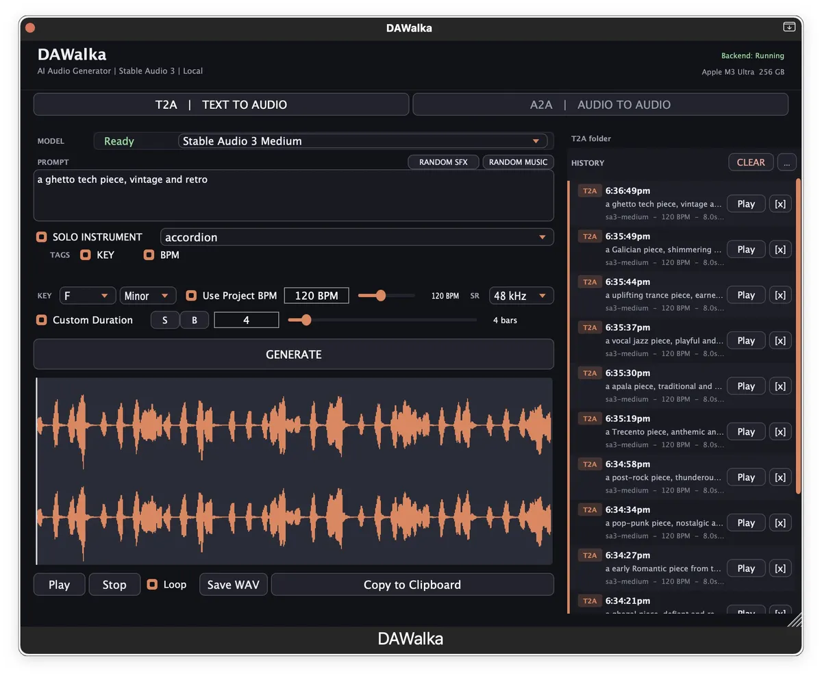 Интерфейс DAWalka: режим Text to Audio, Stable Audio 3, prompt, BPM проекта и сгенерированная waveform